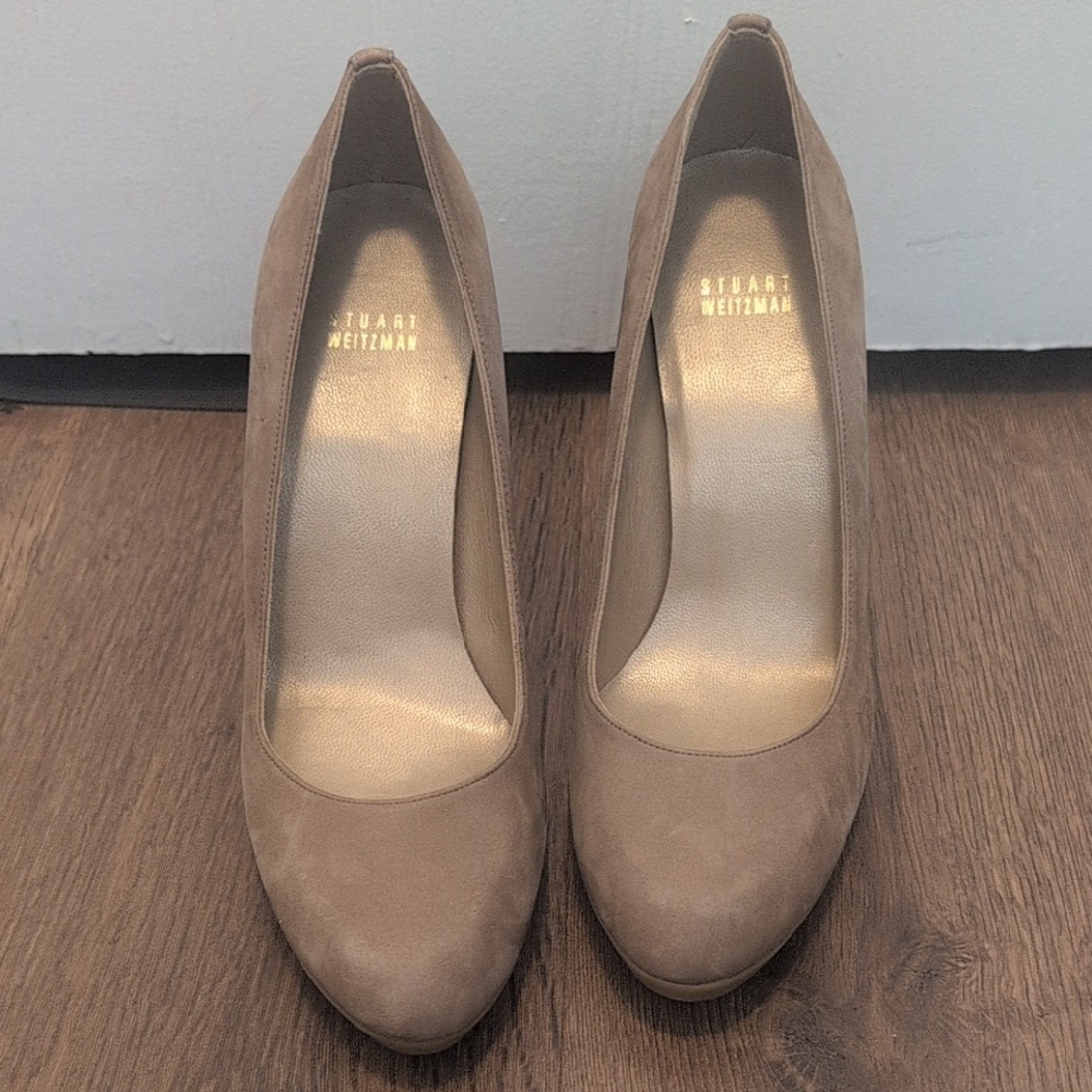 Stuart Weitzman Taupe Suede Almond-Toe Pumps